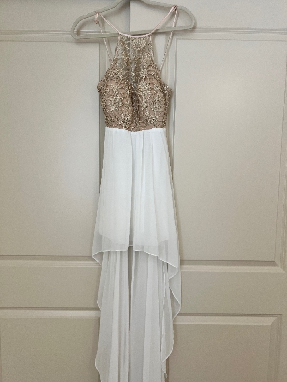 Gold Lace & White Chiffon High-Low Halter Dress